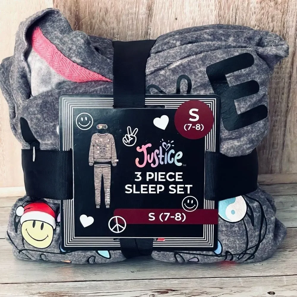 NWT Justice 3 Pcs Grey S(7-8) Long Sleeve Top, Jogger & Eyemask, Pajama Set